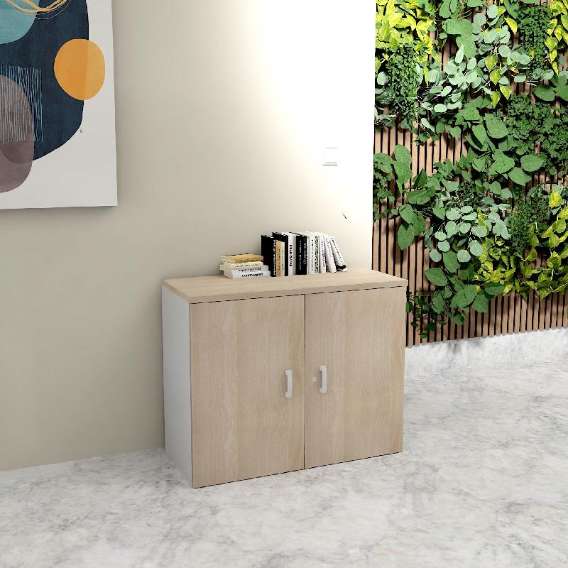 Armoire basse à portes battantes - Mobel Linea - 100, Gris aluminium, Acacia clair_5