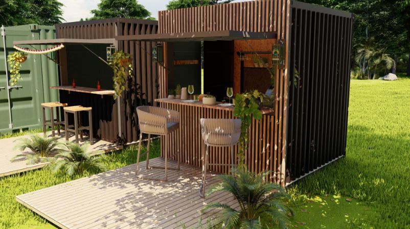 Cuisine extérieure en container avec finition brute ou bardage bois