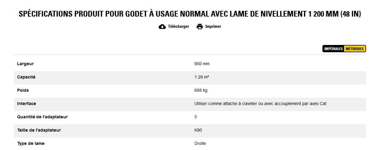 Godet d'excavation à usage normal avec lame de nivellement - caterpillar finance france - 1 200 mm (48 in) - poids 688 kg_5