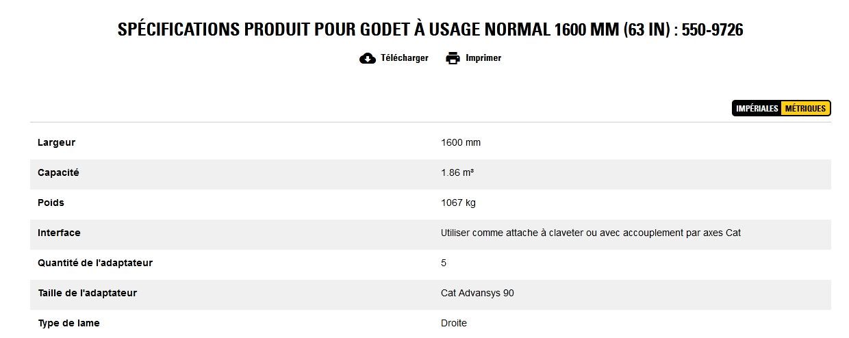 550-9726 godet d'excavation à usage normal - caterpillar finance france - 1600 mm (63 in) - capacité 1.86 m³_5
