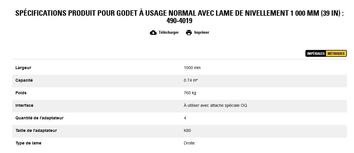 490-4019 godet d'excavation à usage normal avec lame de nivellement - caterpillar finance france - 1 000 mm (39 in) - capacité 0.74 m³_5