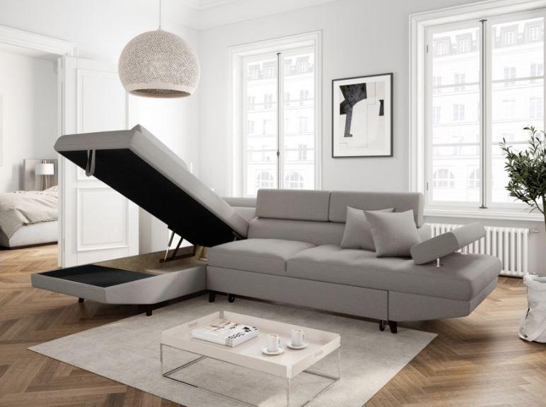 Canapé d'angle méridienne gauche RINO convertible gris clair avec coffre et pieds laqués noirs_5