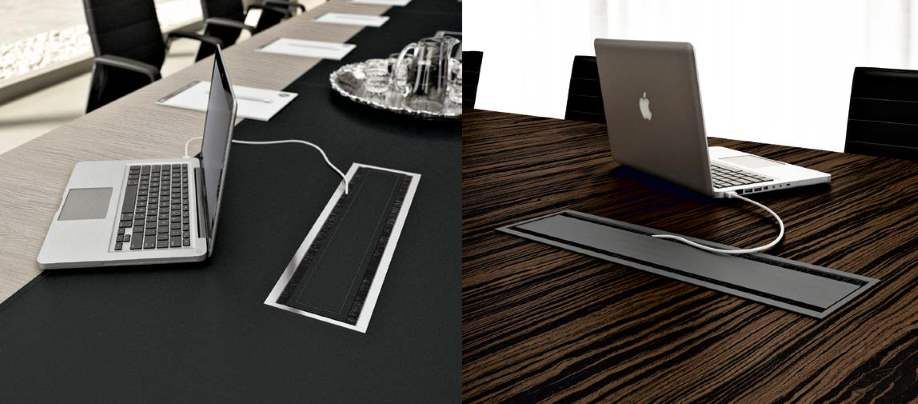 Table de réunion élégante avec pied partagé pour gestion des câbles