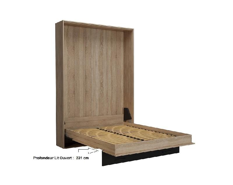 Composition lit escamotable style industriel KEY bi-ton chêne et noir mat - 140x200 cm - L255 x P42 x H219,1 cm avec colonnes de rangement_5