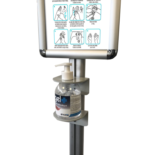 Poteau distributeur 158 cm - 1 face pour bouteilles gel 300 à 1000 ml - Cadre pancarte A3 portrait ou paysage - Gris clair - Réf : 214960_5