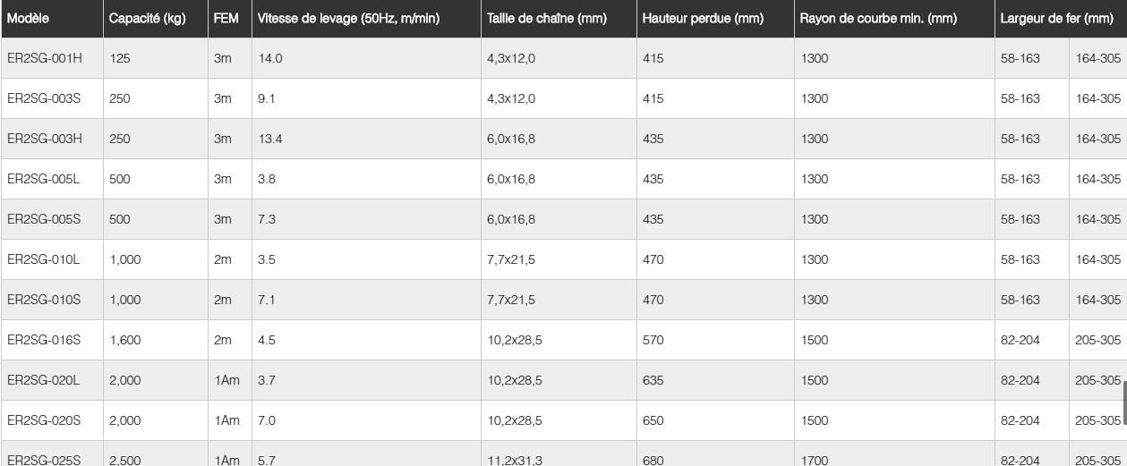 Palan électrique compact KITO ER2SG avec roulements à billes étanches