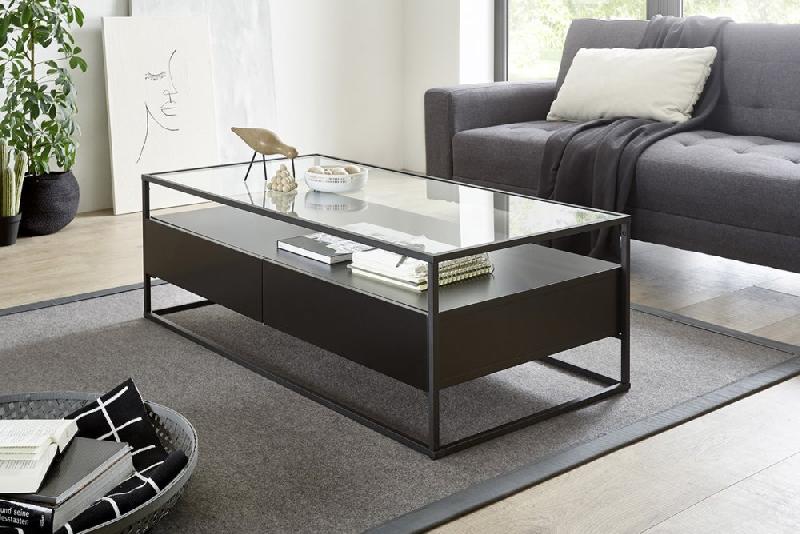 Table basse design Edmonton 120 cm - noir mat, plateau en verre trempé, piètement métal noir, 2 tiroirs_5