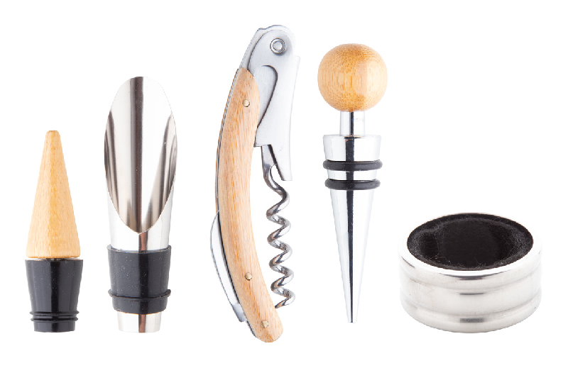 Set à vin - avec tire-bouchon, bouchon, stop-gouttes et bec verseur - boîte en bambou avec compartiment pour bouteille_5