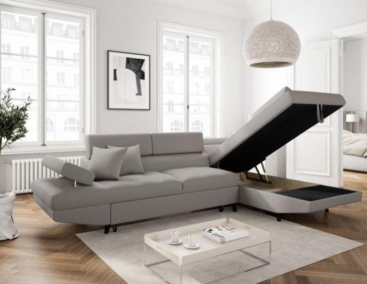 Canapé d'angle RINO - méridienne droite avec coffre - convertible - gris clair - pieds laqués noirs - 3 têtières réglables_5