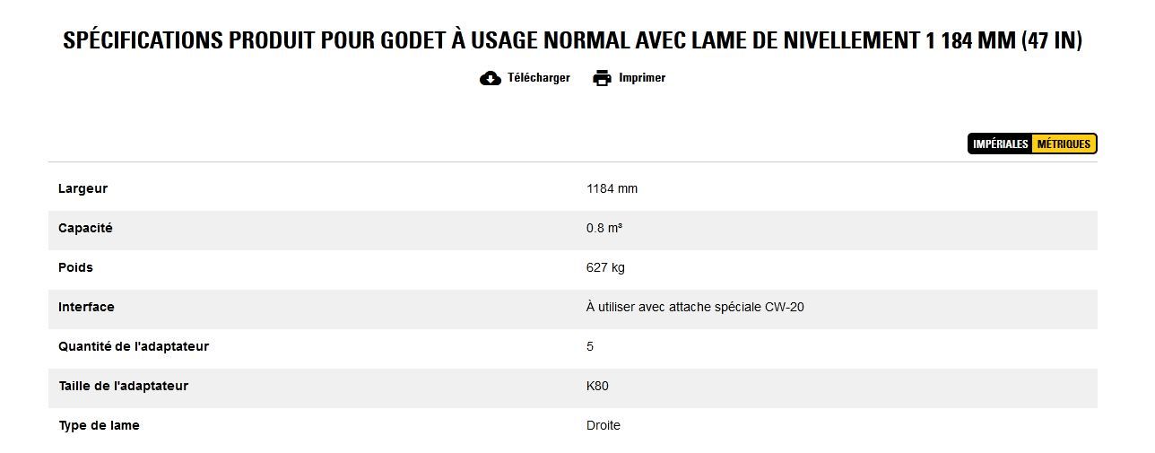 Godet d'excavation à usage normal avec lame de nivellement - caterpillar finance france - 1 184 mm (47 in) - capacité 0.8 m³_5