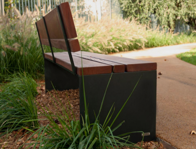 Banc public en bois PYSA - acier corten et bois tropical TIAMA - 2000mm_5