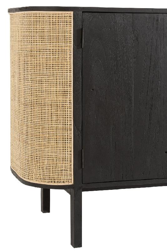 Buffet bas RARY - bois exotique noir et rotin naturel - 3 portes et 3 tablettes de rangement_5