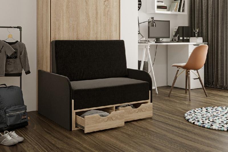 Lit escamotable style industriel KEY SOFA - canapé avec accoudoirs tissu et tiroirs de rangement - couchage 90x200 cm anthracite_5