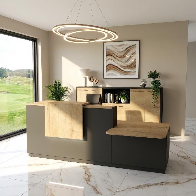 Comptoir d'accueil bi-colore avec PMR Delta et réhausse - Droite, Noir, Oui, 282, Chêne veiné_5