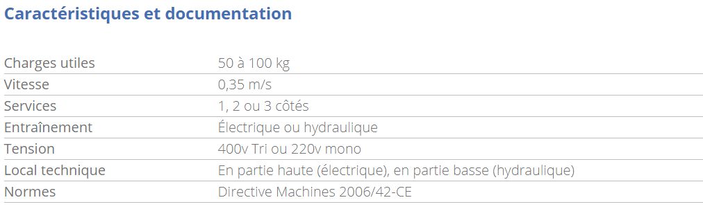 Monte-charge conforme à la directive machine 2006/42/CE