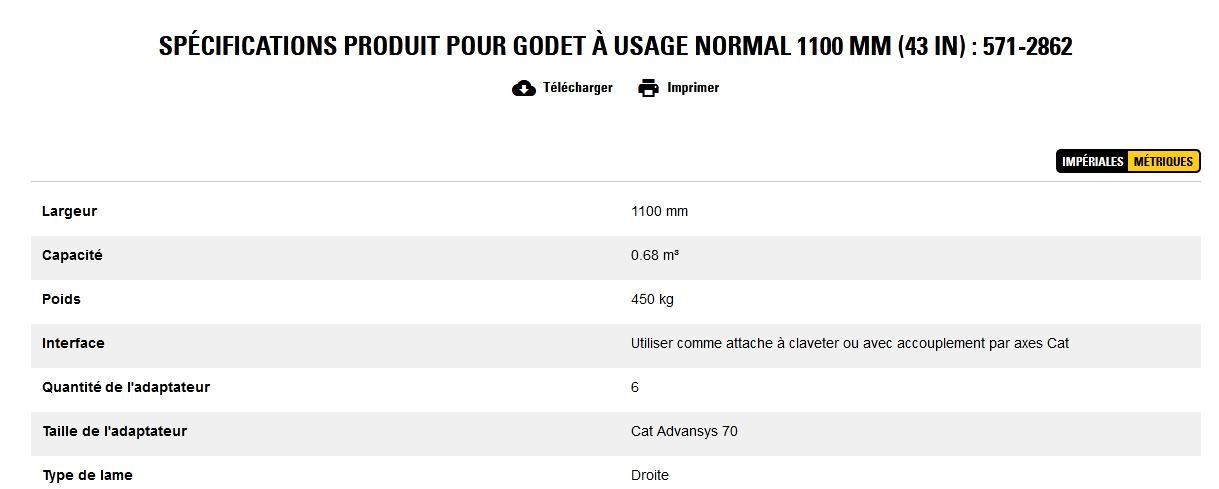 571-2862 godet d'excavation à usage normal - caterpillar finance france - 1100 mm (43 in) - capacité 0.68 m³_5