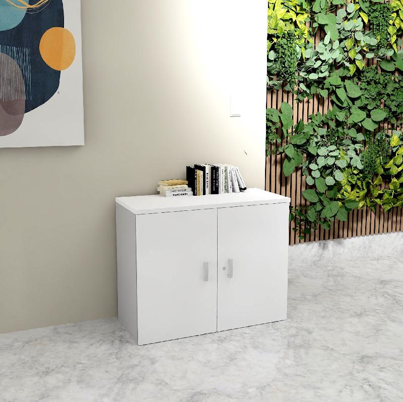 Armoire basse à portes battantes - Mobel Linea - 100, Blanc pastel, Gris aluminium_5