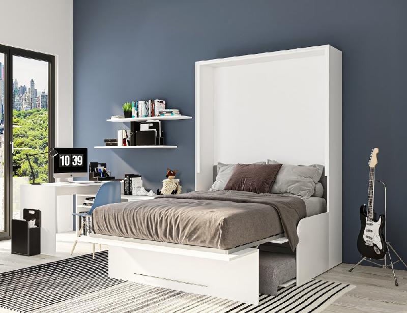 Armoire lit escamotable Sofa Automatica 140 cm blanche - Canapé microfibre gris intégré, dépliage automatique_5