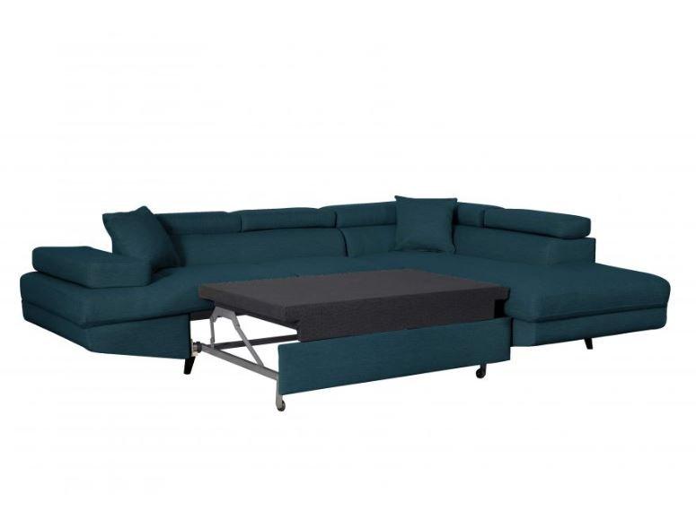 Canapé d'angle méridienne droite RINO - convertible avec coffre - bleu canard - pieds laqués noir - 3 têtières réglables - 2 coussins déco_5