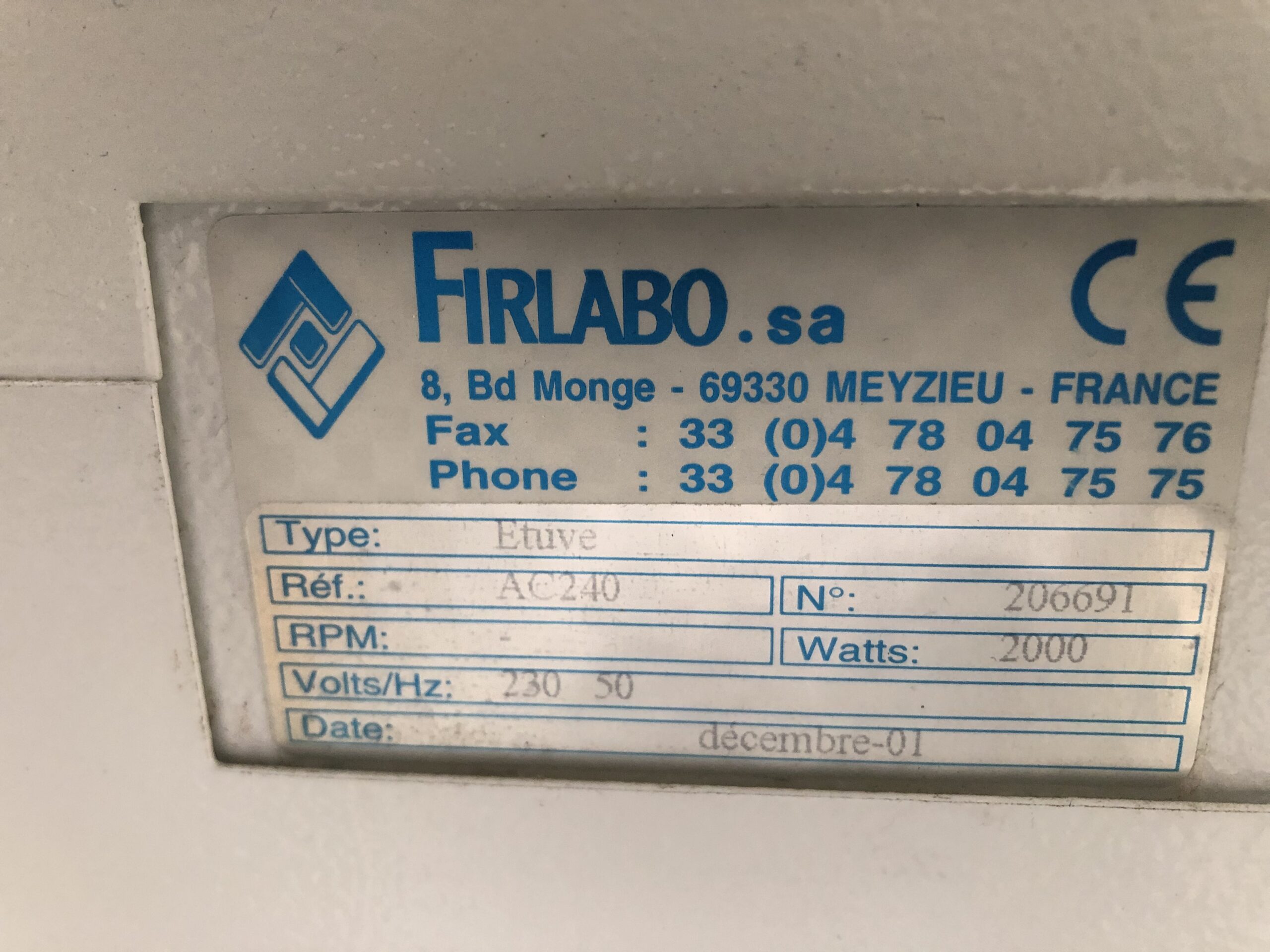 Équipement Firlabo AC240 avec caractéristiques spécifiques