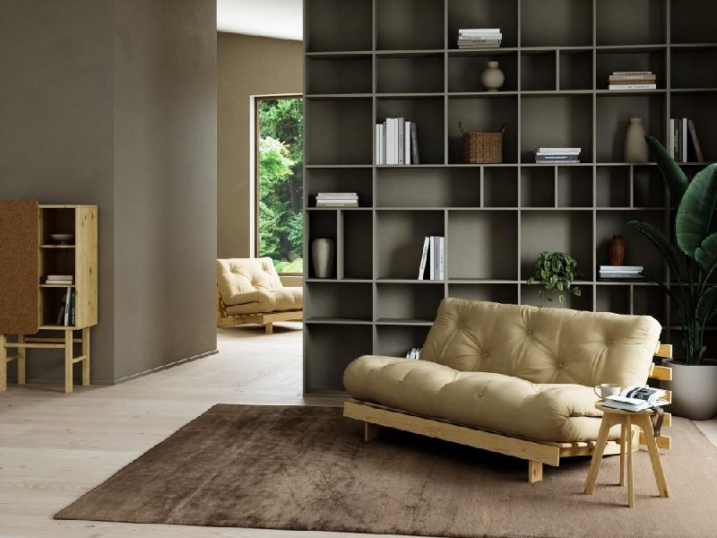 Canapé convertible futon ROOTS - Pin naturel - Tissu beige blé - Couchage 160x200 cm - Design japonais et scandinave_5