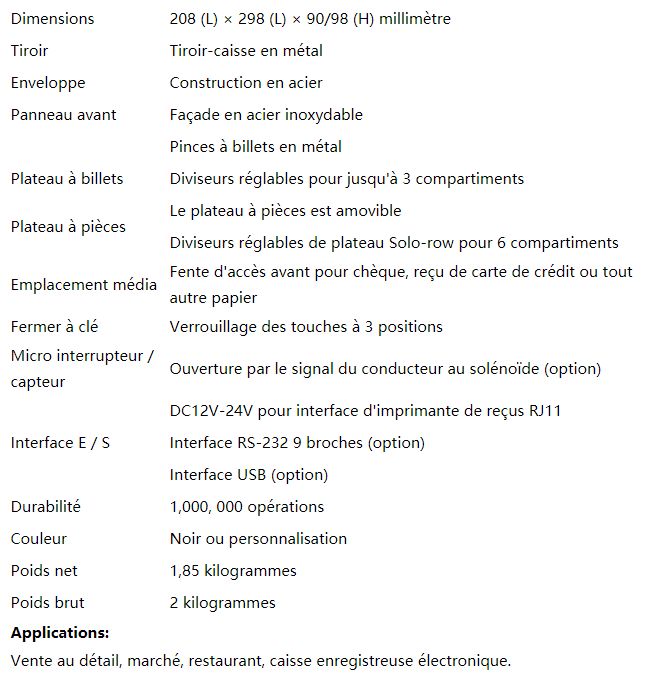 Tiroir caisse Shenzhen Carav Electronics Co., Ltd - mini format A4 - poids brut 2 kg - couleur noire - interface RJ11_5