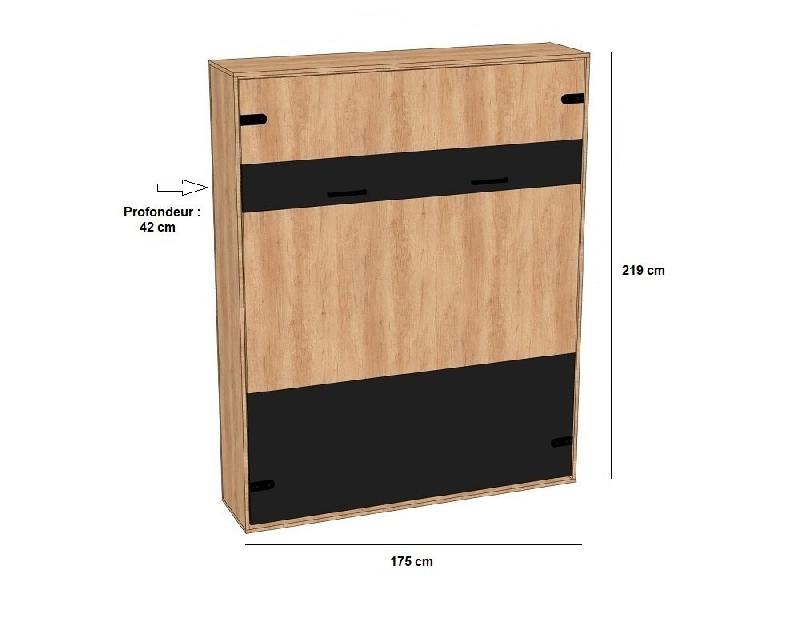 Lit escamotable style industriel KEY - Bi-ton chêne noir mat avec bibliothèque et rangement - 160x200 cm - L275 cm_5