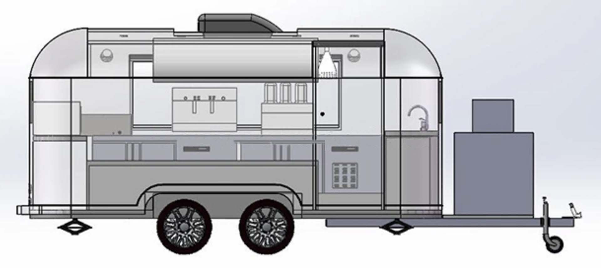 Remorque snack inox rétro 4m50 - Look Airstream, finition brillante, pieds réglables et équipement sur mesure_5