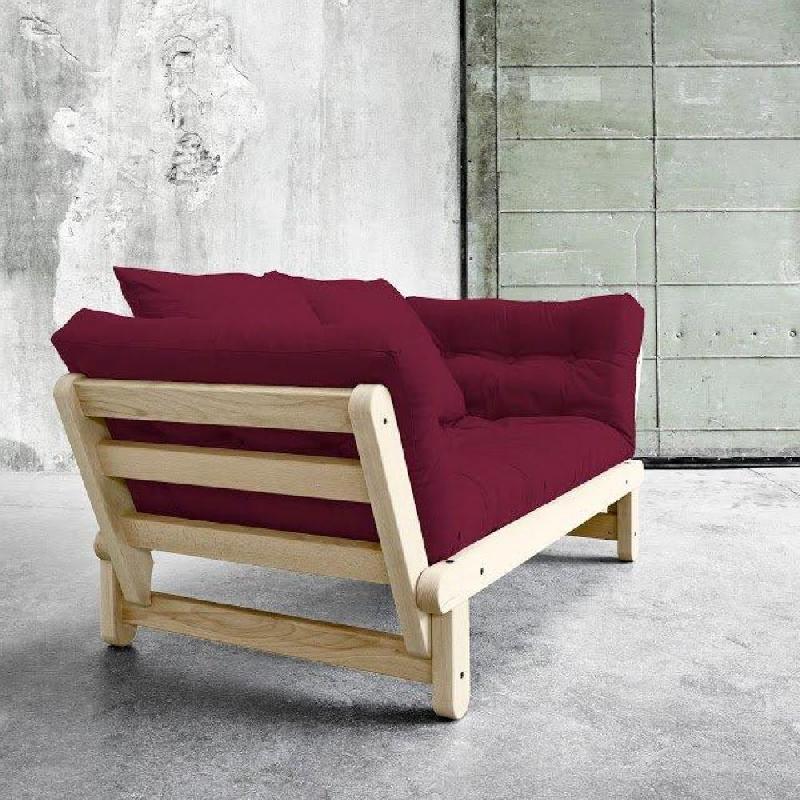 Banquette méridienne futon Beat - Pin naturel et tissu bordeaux - Couchage 75x200 cm_5
