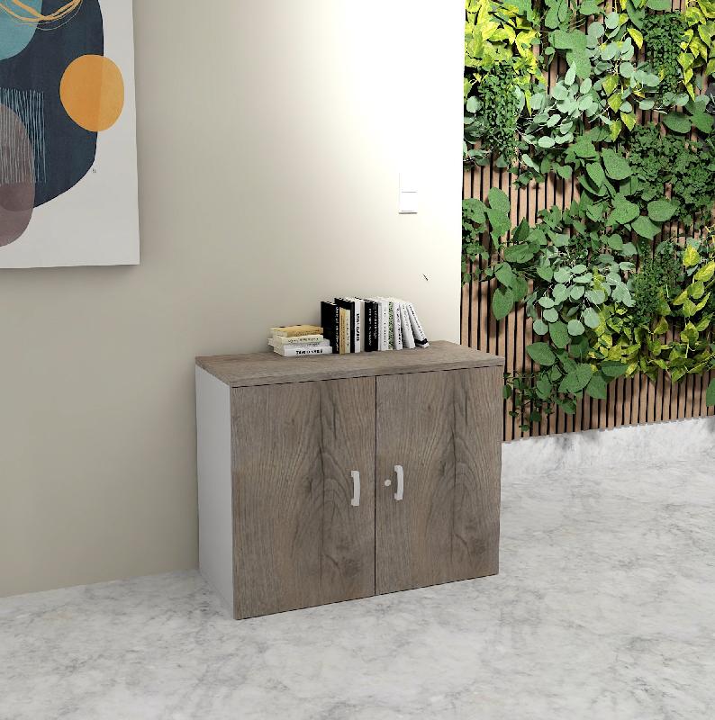 Armoire basse à portes battantes - Mobel Linea - 100, Gris aluminium, Chêne grisé_5