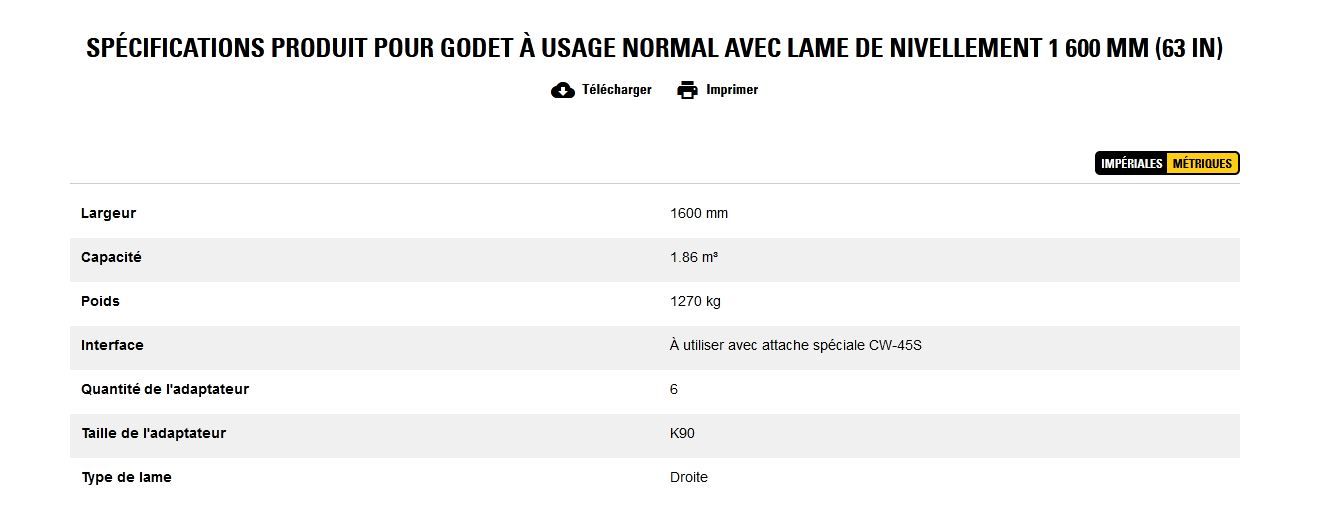 Godet d'excavation à usage normal avec lame de nivellement - caterpillar finance france - 1 600 mm (63 in) - poids 1270 kg_5