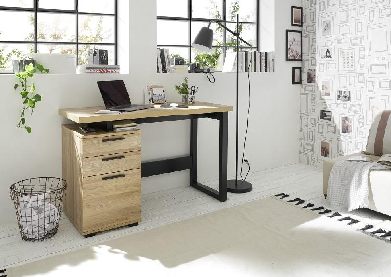 Bureau design Mila - 2 tiroirs, 1 porte, décor chêne et piètement laqué noir mat_5