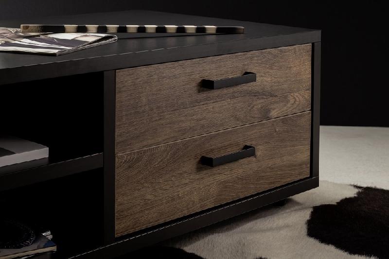 Table basse HALTON 115x45 - décor chêne barrique vieilli et gris cosmos mat - style industriel avec roulettes_5