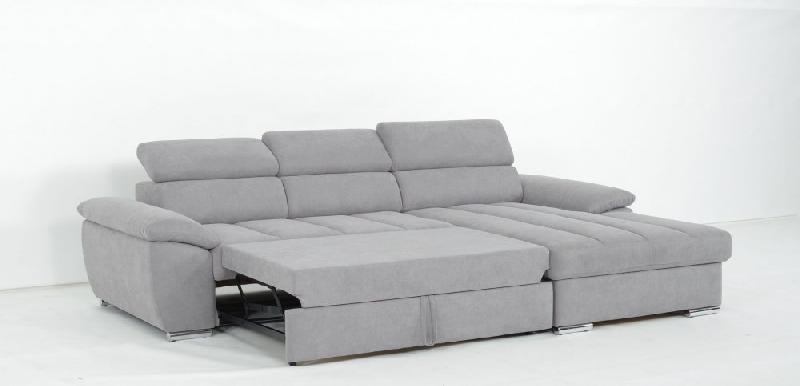 Canapé d'angle droit convertible avec méridienne coffre - tissu gris clair - couchage 140x200 cm - pieds métal chromé_5