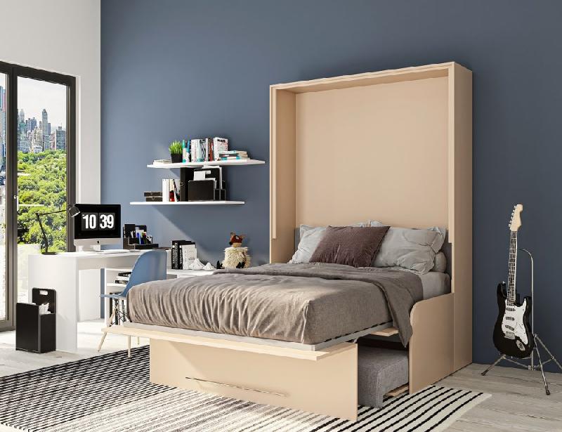 Armoire lit escamotable Sofa Automatica 140 cm - Canapé microfibre gris - Structure taupe_5