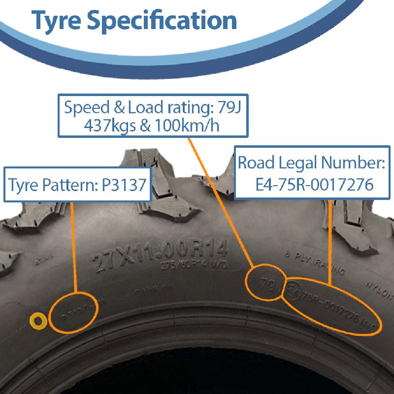 27x11.00R14  27x9.00R14 ATV Tyre 8ply P3137 OBOR Outslope Road Legal (Set of 4)_5