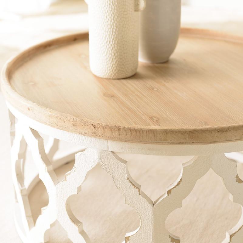CORVIE - Table basse ronde avec plateau en bois naturel et piètement en métal blanc - Design graphique et raffiné_5