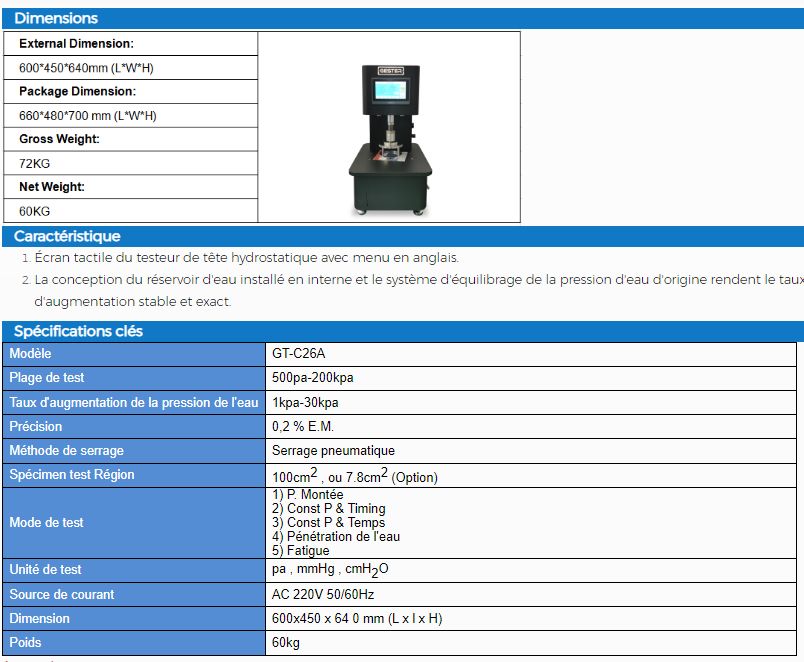 Testeur de tête hydrostatique pour textile GT-C26A - Gester - poids 60 kg - normes d'essai AATCC 127, ISO 811, EN20811_5