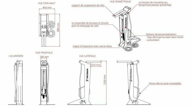 Station de lavage vélo et fontaine à eau - 6 types de brosses - Galaxie - Peinture personnalisable et inox poli_5