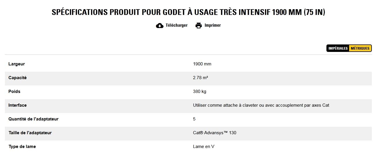 Godet d'excavation à usage très intensif - caterpillar finance france - 1900 mm (75 in) - capacité 380 kg_5