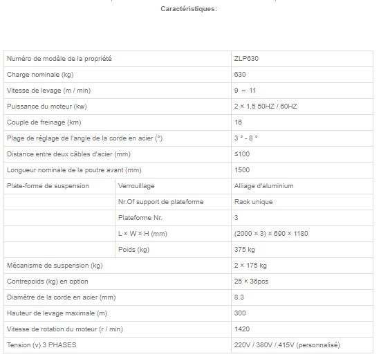 ZLP630 - Nacelle suspendue - Success - Couple de freinage 16km - Hauteur de levage jusqu'à 300m - Capacité 630kg_5