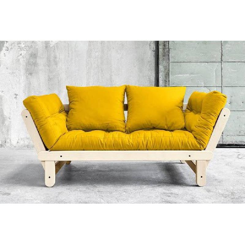 Banquette méridienne futon BEAT - Pin naturel et tissu jaune - Couchage 75x200 cm - Convertible et multifonctions_5