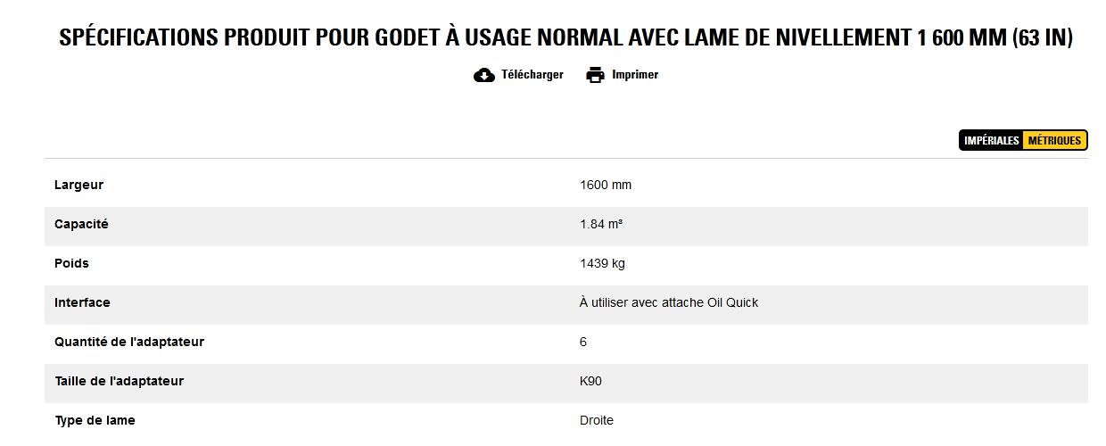 Godet d'excavation à usage normal avec lame de nivellement - caterpillar finance france - 1 600 mm (63 in) - poids 1439 kg_5