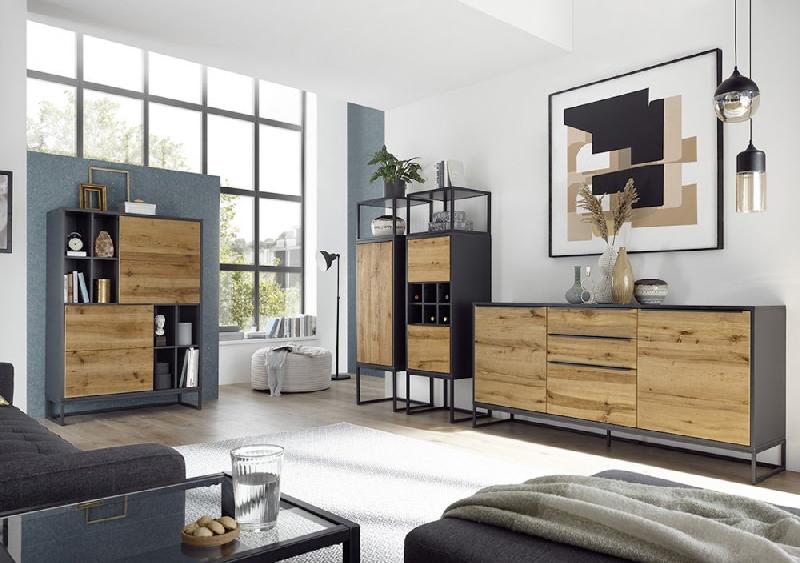 Rangement colonne ABOU - 1 porte push to open - 3 compartiments et 1 niche - Coloris chêne - Pieds métal noir_5