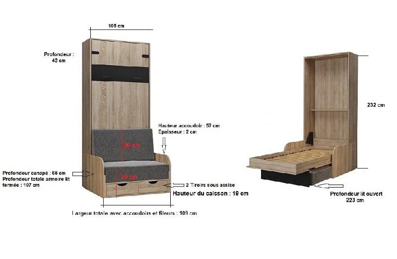 Lit escamotable style industriel KEY SOFA - accoudoirs chêne - 90x200 cm - Canapé rouge avec tiroirs de rangement_5