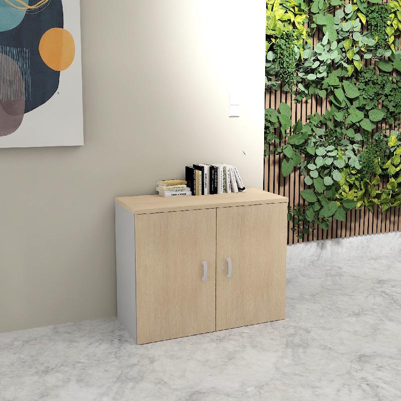 Armoire basse à portes battantes - Mobel Linea - 100, Gris aluminium, Chêne_5