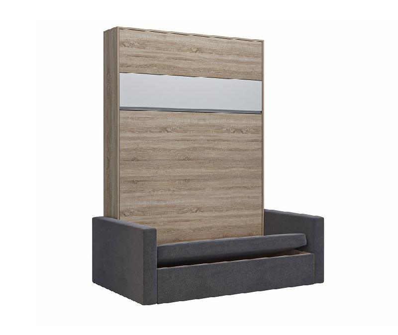 Armoire lit escamotable DJUKE SOFA - Chêne avec bandeau blanc mat - Canapé gris - Couchage 140x200 cm_5