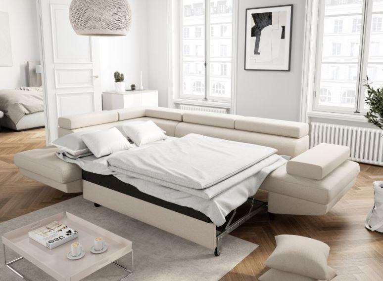 Canapé d'angle méridienne gauche RINO convertible beige avec coffre de rangement - pieds laqués noirs - 3 têtières réglables et 2 coussins déco_5