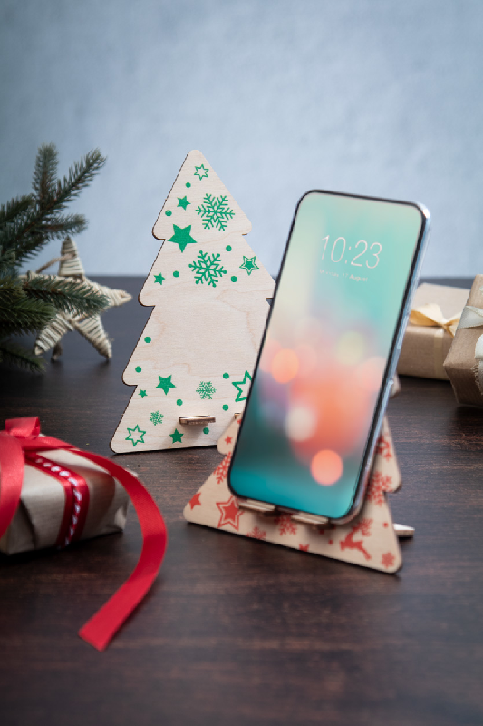 Support téléphone en forme de sapin de Noël - contreplaqué de bouleau - couleur rouge_5