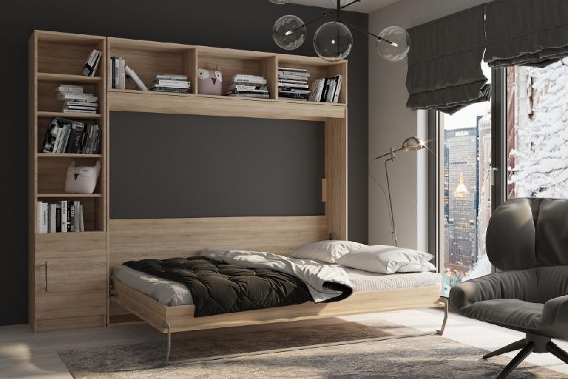 Composition armoire lit escamotable horizontale STRADA-V2 mélaminé chêne - Couchage 160x200 avec surmeuble et colonne bibliothèque_5